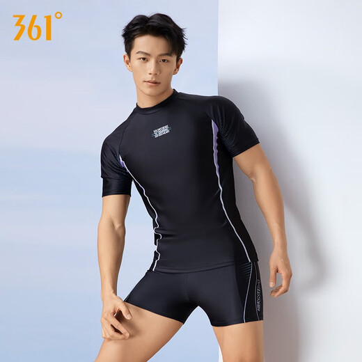 361 Swimsuit Men's Suit Swimsuit Youth Adult Boys Large Size Swimming Top Men's Hot Spring Swimming Shorts Set Black [Single Short Sleeve Top] XL Height 170-180cm Weight 65-75kg
