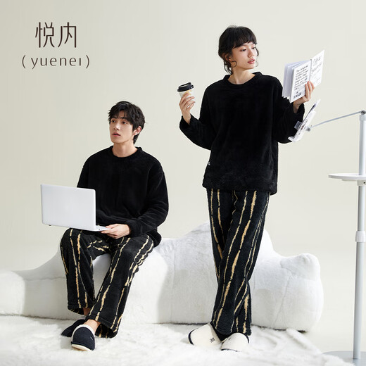 Yuenei Couple Pajamas Women's Autumn and Winter Flannel Thickened Coral Velvet Home Clothing Men's Winter Suit 34006 Reef Black Men's 2XL (Male 160-180 Jin Jin equals 0.5 kg / Female 140-160 Jin Jin equals 0.5 kg)