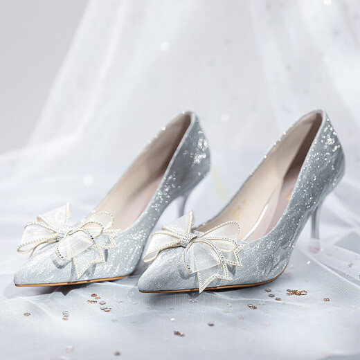 Zhr Tacones altos Hembra Elegante Stiletto Stiletto Zapatos para mujeres zapatos de boda de cristal Sandalias solteras Sandalias Y716 Plata 37