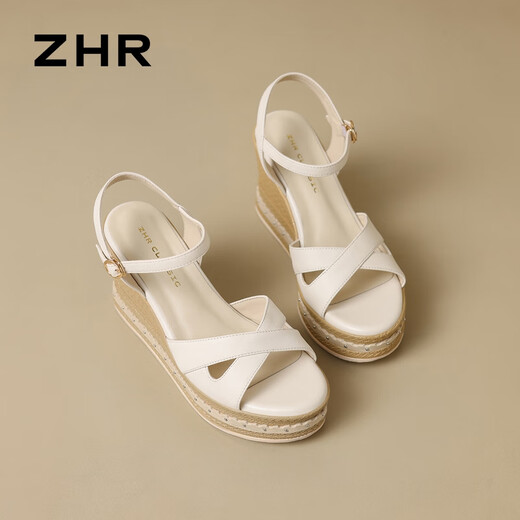 ZHR头层牛皮凉鞋女厚底坡跟女鞋度假交叉带舒适鞋子女 S169 米色 39