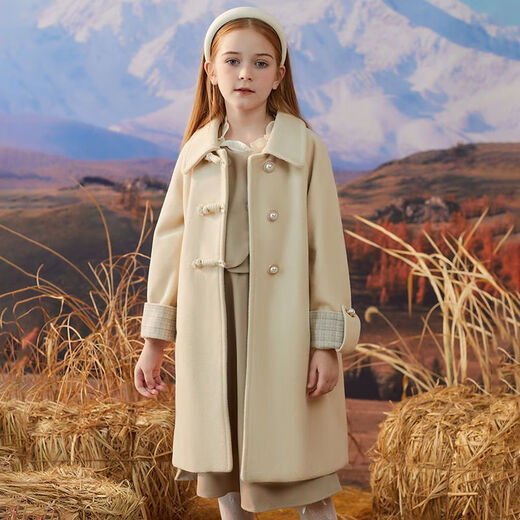 Disney Girls' Woolen Coat Autumn and Winter New Style Western Style Large Children's Woolen Coat Thickened Padded Mid-Length Winter Clothes Beige Single Layer Lining 150