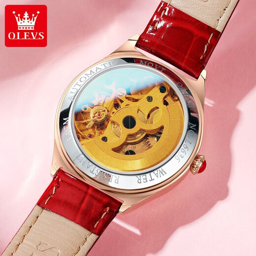 Oleeis Olevs Swiss Certified Brand Watch Women's Mechanical Watch Vollautomatisch Hollow Women's Watch Birthday Gift für Freundin und Frau verbesserte die erweiterte Version 6636-Red Rose Flora Face [Lebenszeitgarantie]