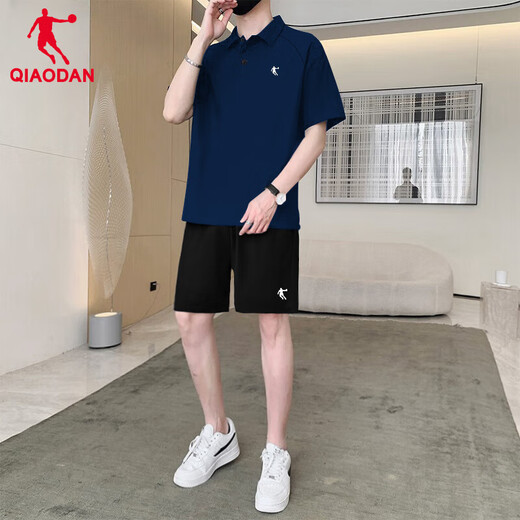 乔丹运动套装男2025夏季新款透气速干翻领短袖t恤短裤跑步健身两件套 日蚀蓝-黑色 L /175