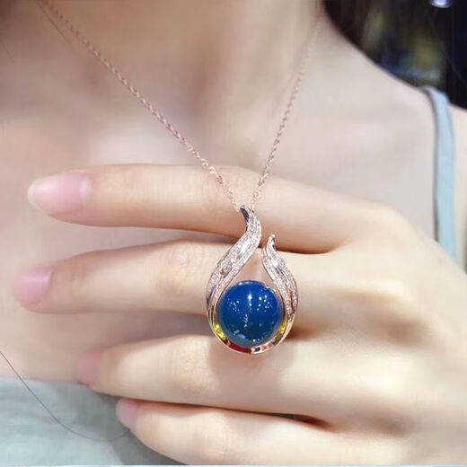 Moshe Dominican blue amber pendant, high blue water purification necklace, amber S925 silver plated 18 beeswax pendant, bead diameter 14mm (gold)