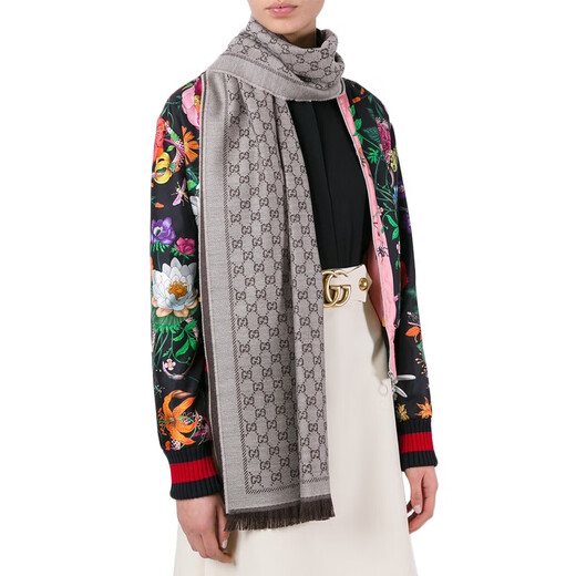 古驰（GUCCI）围巾 男女通用双G花纹图案双面用针织羊毛gucci围巾 米咖色 411115 3G200 9764