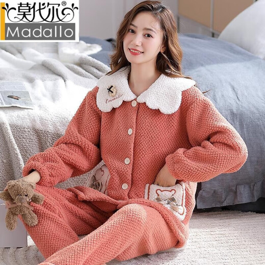莫代尔冬季法兰绒睡衣女加绒加厚休闲开衫珊瑚绒甜美可爱保暖家居服套装 KQ3271 M
