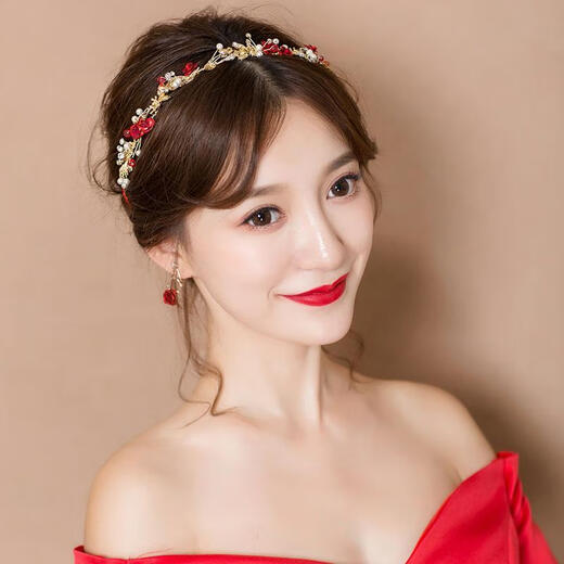 Bridal tiara, Korean style hairband, red hair accessories, fairy headband, toast dress, wedding accessories, rose tiara + earrings (ear clips)