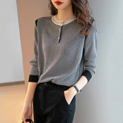 Fuqizi foreign style versatile loose top T-shirt for women 2020 autumn new Korean version fashionable versatile long-sleeved black and white plaid sweater T-shirt women's picture color M