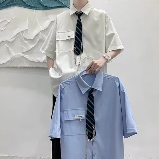 狄帝鲨学院风DK制服衬衫男短袖痞帅夏季宽松休闲港风日系衬衣班服一套 白色+领带 L