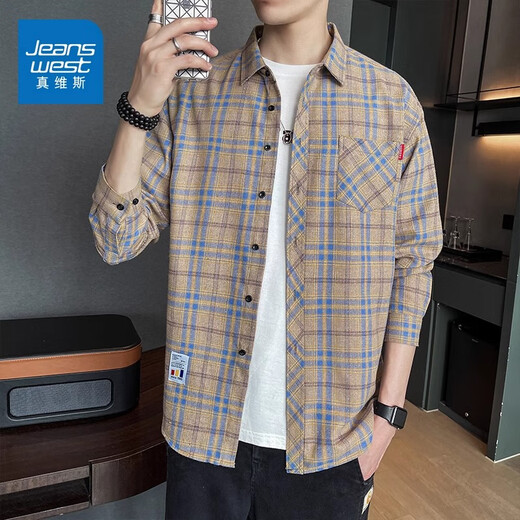 真维斯（Jeanswest）格子衬衫男款春秋季2025新款潮牌美式长袖衬衣男士上衣加绒外套男 米蓝格 2XL