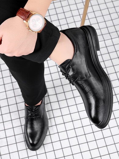 Woodpecker leather shoes men's Korean style business autumn and winter casual breathable British odor-proof inner height-enhancing formal wear wedding groom shoes black 9928 38 - Top ten brands of brand flagship genuine off-code special price shoes