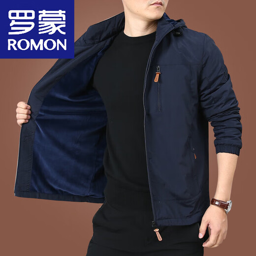 罗蒙（ROMON） 男士外套秋冬季加绒夹克男冬装休闲衣服男上衣中年男装厚 9898[深蓝]可卸帽-加绒不加价 XL 180规格(150斤左右)