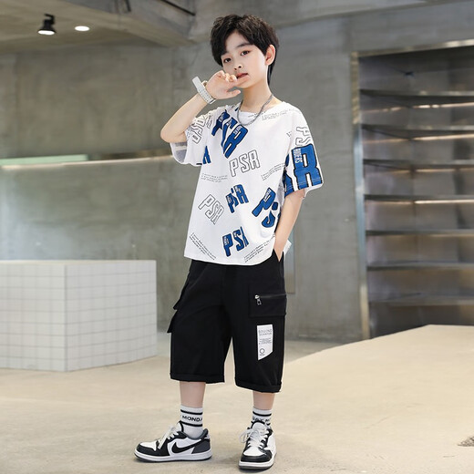 
AN Children's Clothing Boys Summer Set 2025 New Children's Summer Short-Sleeve Clothing Medium-Big Children's Cool and Fashionable Street Explosion Gray 150 (Suggested height about 145cm)