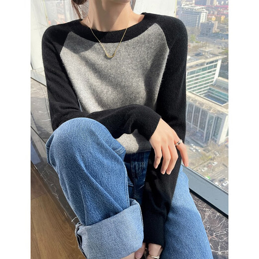 牧什秋冬山羊绒衫女士圆领羊绒毛衣女撞色拼接针织打底衫23新款JD1047 青绒色 XL