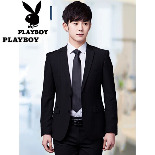 Playboy's new high-end light luxury brand men's suit suit, men's professional formal top coat, Korean style slim fit groom's wedding dress, casual small suit for men, black 2-button side double slit (top + trousers + shirt + tie + bow tie) 165/S