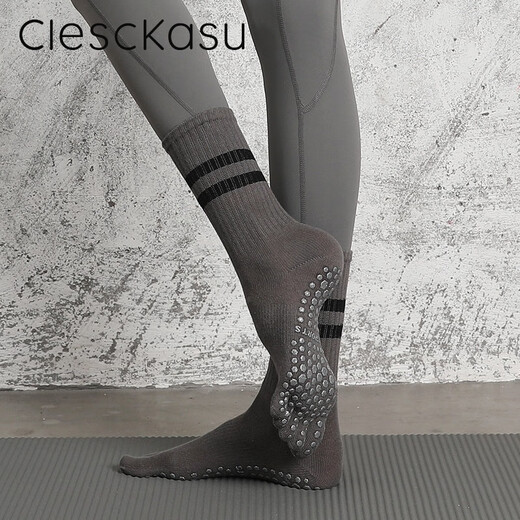 ClescKasu two-bar yoga socks dotted toe socks non-slip five-toe socks women's sports striped mid-calf Pilates socks cotton green one size