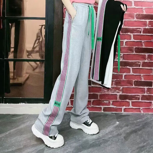 锦人初高腰抽绳显瘦侧边宽松阔腿裤女2024春新款运动休闲裤 13062#绿色 均码 m 建议80100斤