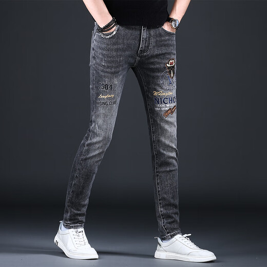 Ke Jiehao embroidered jeans 2024 spring and autumn new small foot slim casual pants Hong Kong high-end elastic gray trendy brand men's pants OD-A675 regular 30 [2 feet 3]120-129Jin [Jin equals 0.5 kg]