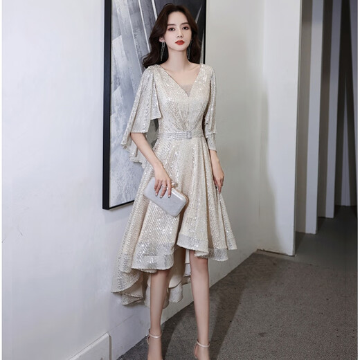 Kuhuke high-end banquet small evening dress 2024 new sequin host temperament small luxury socialite annual meeting girl champagne color XXL