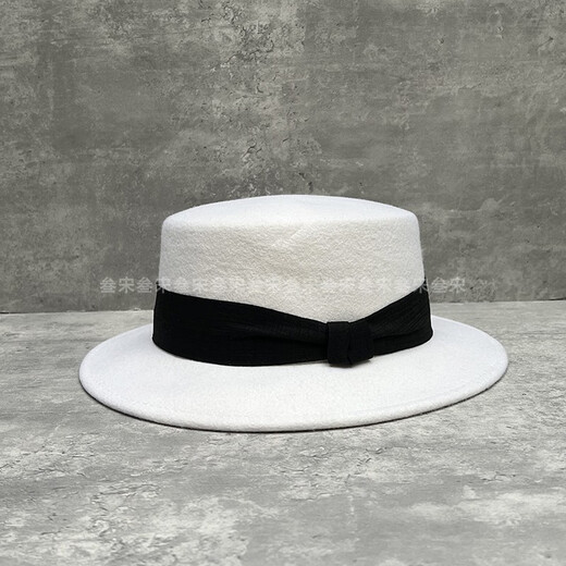 2024 Autumn and Winter New French Beige Flat Top Woolen Hat Women's Versatile Fashion British Retro Flat Brim Hat Mixed Beige Pleated Knot Patch YYK M (56-58cm)