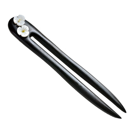 Black sandalwood hairpin, short hairpin, U-shaped hairpin, ancient style, daily Hanfu, simple modern Chinese style for women, double-sided Czech glazed pink flower