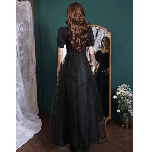 Seidler black evening dress for women's banquet, light luxury and noble French Hepburn style annual meeting vocal music test long style black XXXL (recommended 136-145 Jin Jin equals 0.5 kg)