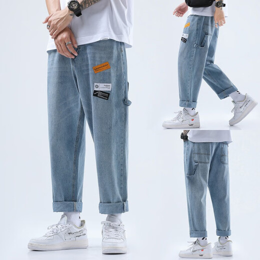 Hot jeans, men's wide-leg pants, spring and summer new loose straight pants, men's trendy elastic men's pants, overalls, trendy brand casual pants, men's leggings, trousers, men's sports small-foot harem pants K193 light blue L (110Jin [Jin equals 0.5 kg]-, 135Jin [Jin is equal to 0.5 kilogram])