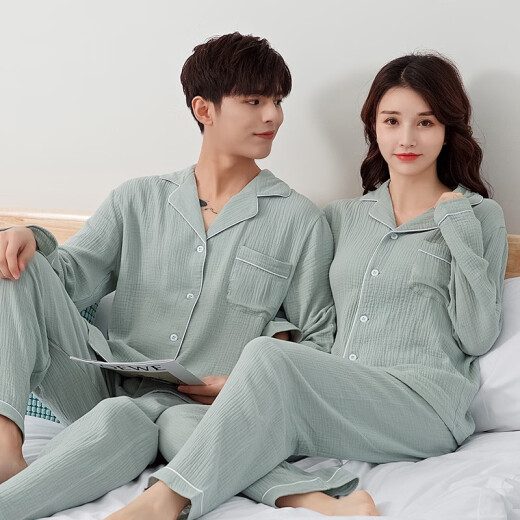 Qiongying pajamas for women spring and autumn long-sleeved pure cotton couple pajamas for men and women pure cotton gauze home clothes 2021 spring Korean style women's bean green L