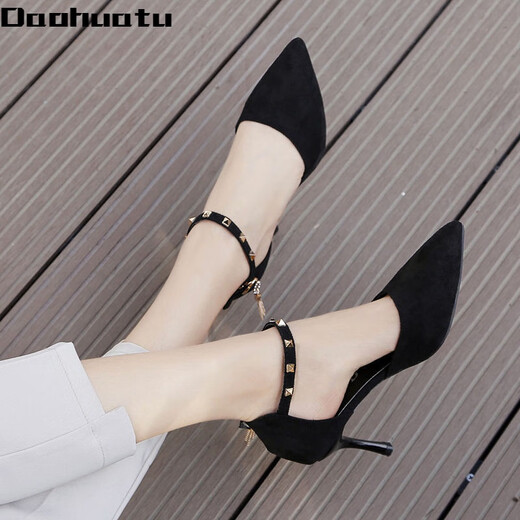 Daohuatu Large Size Baotou Sandals Women's Thick Heels 41-43 Fairy Style High Heels Pointed Toe Versatile Suede One-Buckle Women's Single Shoes Black Thick Heels Upgraded to Standard Size 34