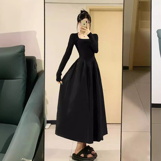FOX.G Black Dress Women's Autumn and Winter Skirt Women's 2025 Spring and Autumn New Long Skirt Small Women's Skirt Autumn Wear Black Square Neck Waist Long Sleeve Dress XL Recommended 105-125Jin Jin equals 0.5 kg
