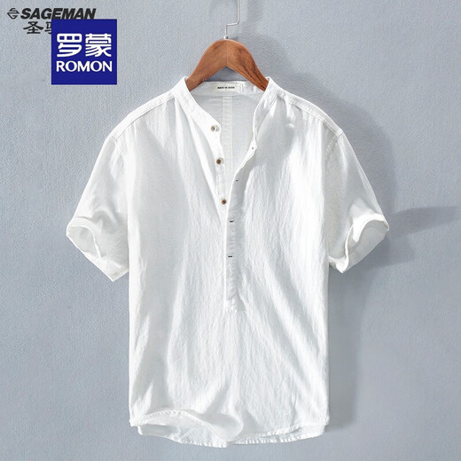 罗蒙（ROMON）棉麻T恤男士夏季日系复古亚麻短袖体恤中国风白色POLO打底衫立领 白色 XXL155-170斤