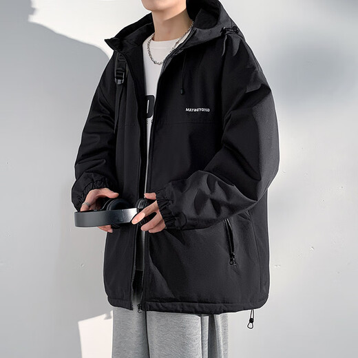 Dingfengbaoluo American cotton jacket men's autumn and winter casual cotton jacket thickened windproof hooded warm cotton jacket DFM18 black XL