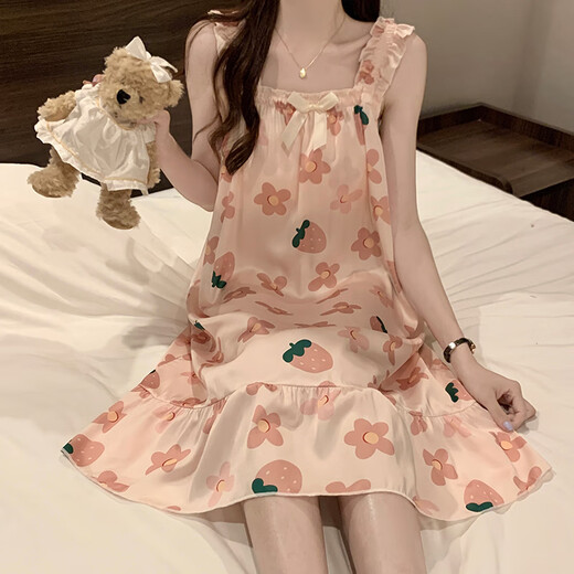 BEI YIFU Camisón para mujeres en verano con almohadilla de pecho de hielo de alta gama Pajamás de pijama de verano Damas dulces y lindas ropa para el hogar 1355#Flores rojas 2xl