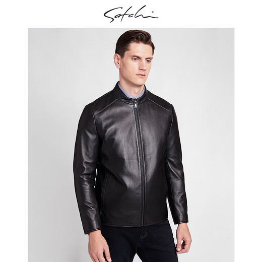 Sachi Satchi [lange Zeit ohne Falten] Herren-Leder-Leder-Jacke für Herren Herumn Neue Style Business Sheepselbe hübsches Stand-up-Halsband-Lederjacke Herren klassischer Stand-up-Halsband Schwarz M 48/170