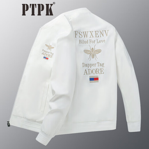 PTPK trendy brand embroidered bomber jacket men's slim spring and autumn new casual men's versatile baseball uniform jacket top white little bee J801 regular style M (recommended 105-120Jin Jin equals 0.5 kg)
