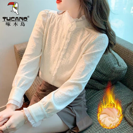 Woodpecker Autumn and Winter Western Style Shirt Thickened Lace Bottoming Shirt Women's 2026 New Inner Top Fashionable Velvet Shirt Off-White Regular M