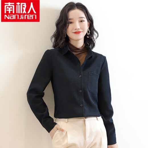 Nanjiren light luxury high-end women's brushed shirt women's autumn and winter retro Hong Kong style loose long-sleeved thickened layered shirt design niche top navy blue XL