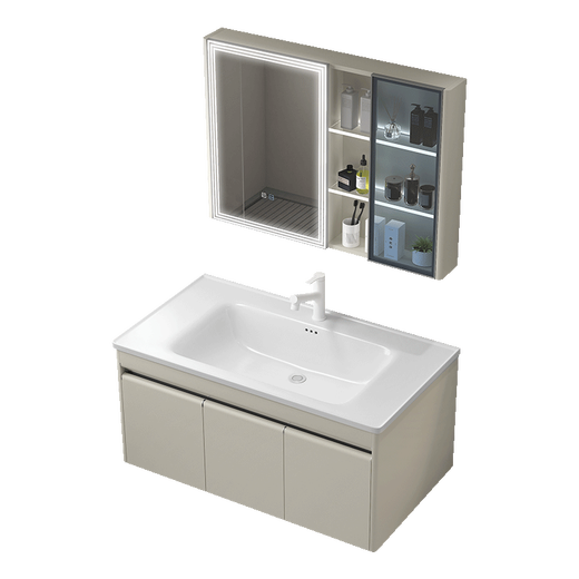 
Haisongda thickened stainless steel bathroom cabinet combination ceramic integrated widened basin small household wash basin bathroom wash basin cabinet milk color 12053cm main cabinet + beauty ordinary mirror cabinet free upgrade pull tap