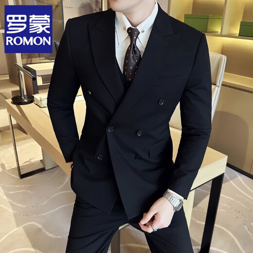 ROMON British style double-breasted suit men's suit business casual formal dress groom wedding dress three-piece suit 8 black double-breasted suit + trousers + vest XL (125-140Jin Jin equals 0.5 kg)