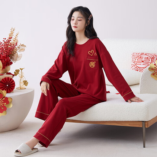 猫人蛇年睡衣女士春秋季纯棉长袖100%全棉家居服冬红色本命年V领套装 9227 2XL ( 建议体重130-160斤）