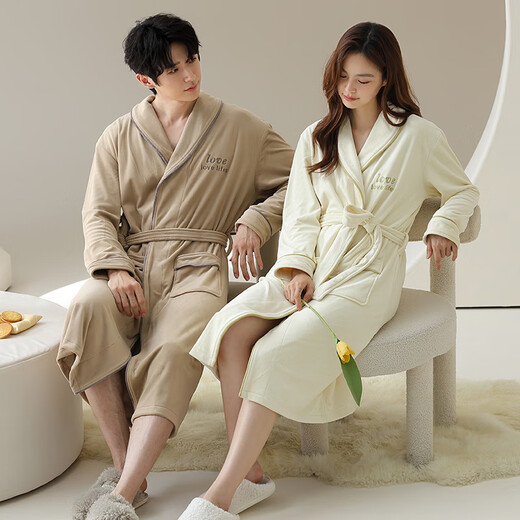 Langsha Couple de nuit pour femmes dans l'île d'hiver Velvet Plus Velvet Pyjamas chaude pour hommes Casual Bathrobe Robe Morning Robe Vêtements d'automne et hiver 15565 Champagne + 24565 Beige Women's L [160-170cm / 105-120jin [Jin est égal à 0,5 kg]]]