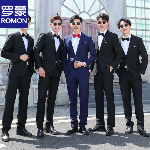 Luo Meng groomsmen suit men's group suit wedding dress white shirt suit groom suit three-piece jacket summer upgraded black vest + shirt + trousers XXL
