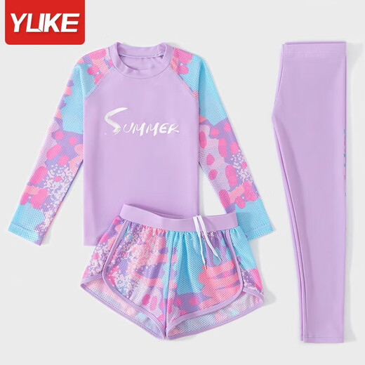 Yuke children's swimsuit girls split long-sleeved long pants sun protection swimsuit 2025 new medium and large children's girls' hot spring suit Hibiscus purple three-piece set XL (recommended height 105-120cm)