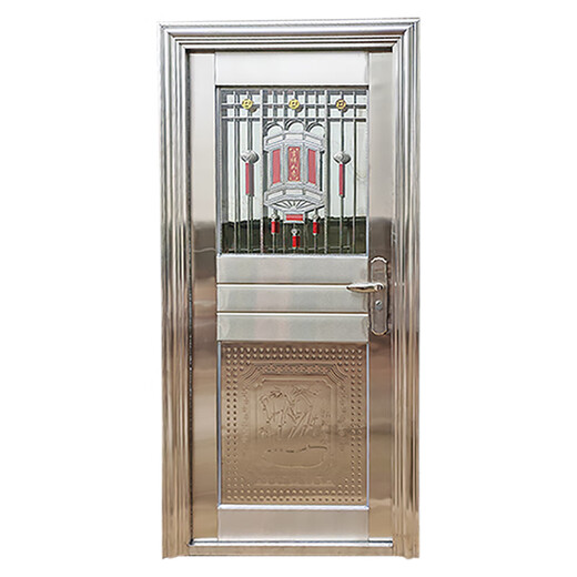 奇立彩304不锈钢单门半玻阳台门进户防盗门出租屋入户门农村大门工程门 外包外右开/内包内右开(半包10公 86x205cm