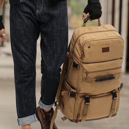 Trendy Generation Rucksack für Männer mit extra großer Kapazität Geschäfts Reisebag Canvas Herren Rucksack Rucksack Outdoor -Gepäcktasche Bergstasche Khaki große Größe [Erweiterbare Kapazität 80 l + Schuhbehälter]