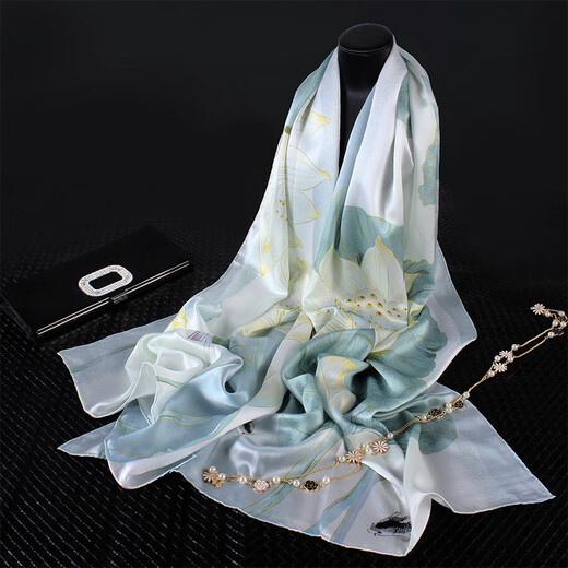 The Da Vinci Code silk scarf for women autumn and winter high-end silk shawl scarf silk scarf mother birthday gift for women Lotus rhyme light green