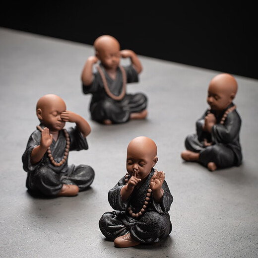 Jiuzao Chinese-style high-quality purple sand little novice tea pet ornaments Four Little Monks Zen desktop character decorations Can grow tea table ornaments Tea set accessories Tea play tea ceremony accessories Black pottery Four Little Monks set + base/ZSH