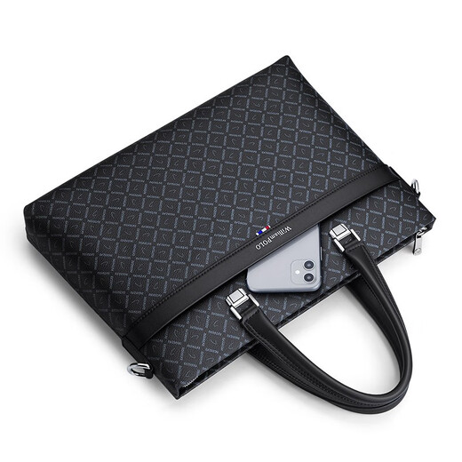 WILLIAMPOLO Men's Gift Business Briefcase Men's Handbag Large Capacity Business Men's Bag 14-inch Computer Bag Fashion Trend Black Plaid (37.8*27.5cm) 14-inch