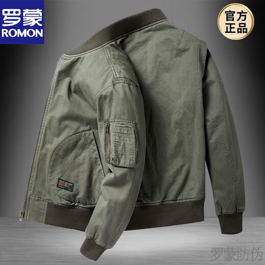 ROMON high-end new bomber jacket men's pure cotton short loose large size workwear baseball uniform men's spring and autumn casual military green XL