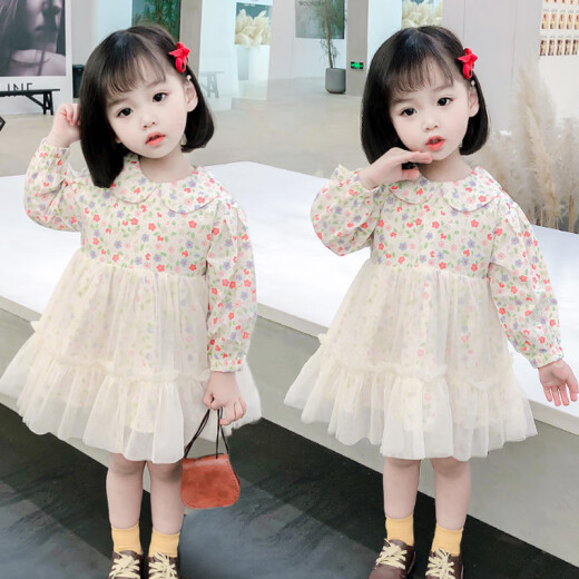 Kimi Rabbit Children's Clothes Girls' Dresses Children's Skirts Spring and Autumn Baby Kids Student Clothes 2021 New Children's Sweet and Fashionable Small Floral Long-Sleeved Mesh Princess Skirt Picture Color 110cm